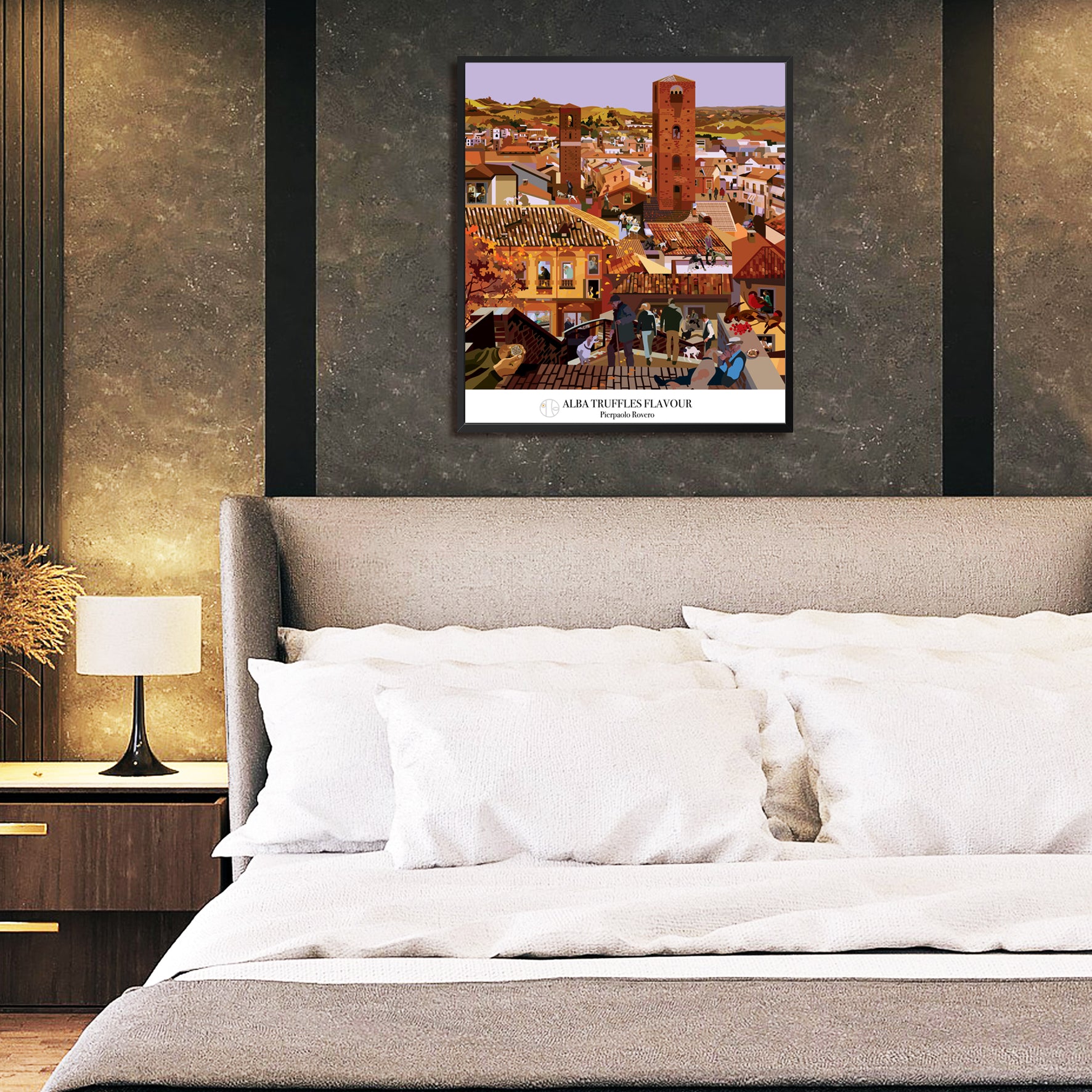 Scopri "Alba Truffle Flavour", Ambientazione dell'illustrazione iconica di Pierpaolo Rovero che cattura la magia della stagione del tartufo bianco ad Alba. Un'opera ricca di dettagli, dove storia e tradizione si fondono in una rappresentazione vivace della raccolta del tartufo.